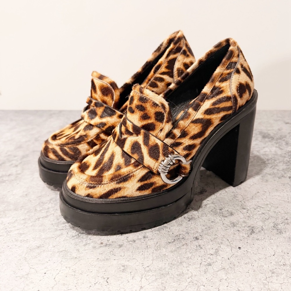 Gianni Bini Maxxwelle Leopard Print Faux Calf Hair Platform Loafers Size 5.5